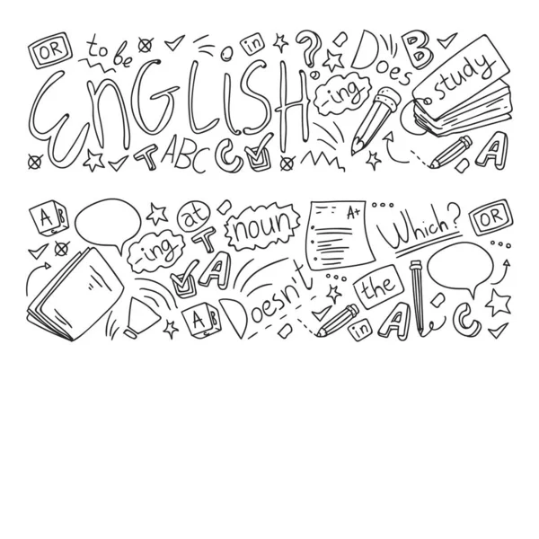 Englischkurse. Doodle-Vektor-Konzept Illustration des Lernens der englischen Sprache. — Stockvektor