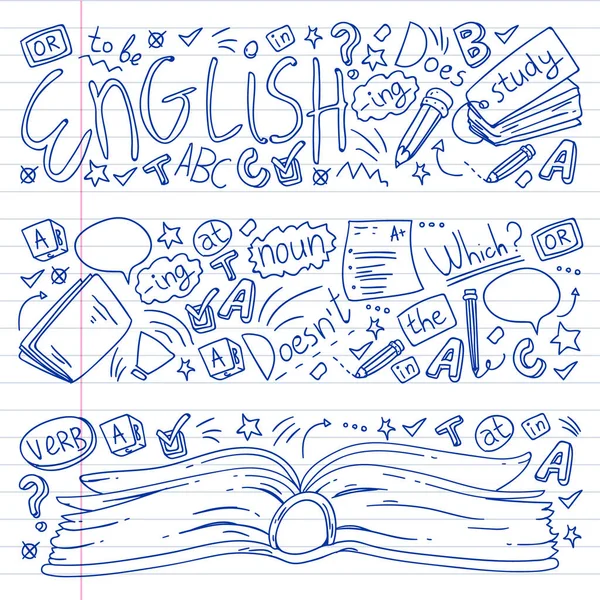 Englischkurse. Doodle-Vektor-Konzept Illustration des Lernens der englischen Sprache. — Stockvektor