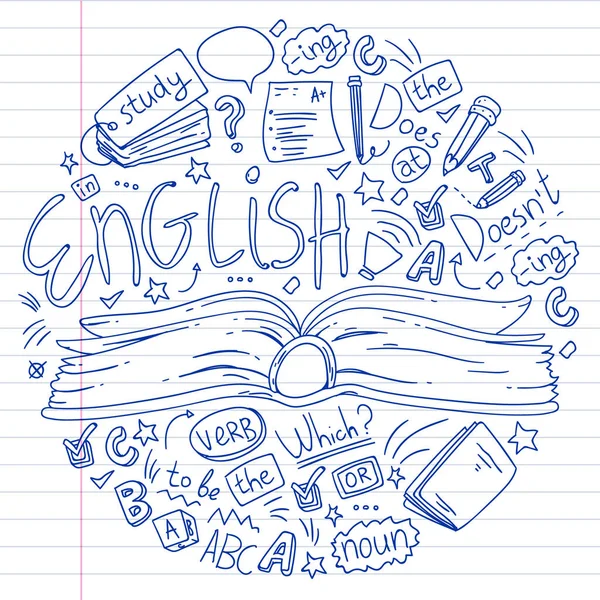 Cours d'anglais. Doodle vecteur concept illustration de l'apprentissage de la langue anglaise . — Image vectorielle
