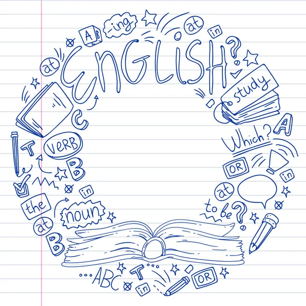 Cursos de inglés. Concepto vectorial de Doodle ilustración del aprendizaje del idioma inglés . — Archivo Imágenes Vectoriales