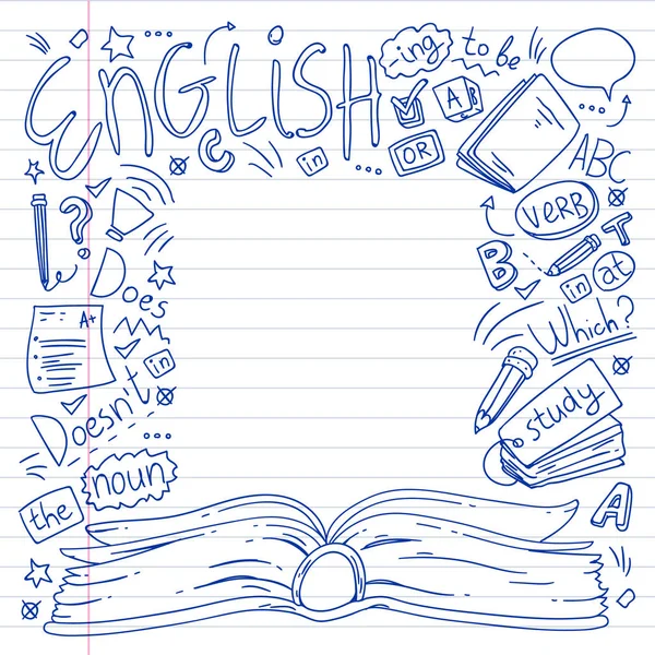 Cursos de inglês. Doodle vector concept ilustração da aprendizagem da língua inglesa . —  Vetores de Stock