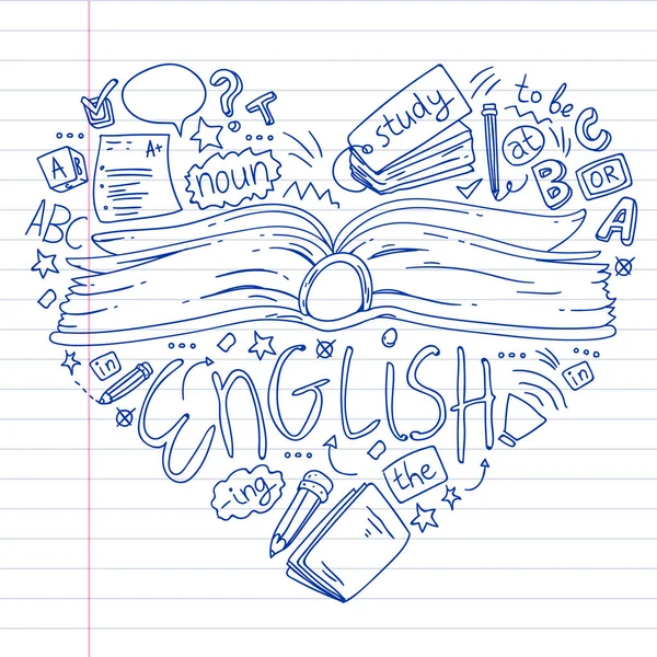 İngilizce kursları. İngilizce öğrenmedoodle vektör kavramı illüstrasyon. — Stok Vektör