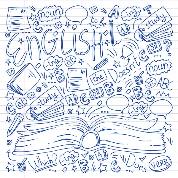 English courses. Doodle vector concept illustration of learning english language. — Stock Vector