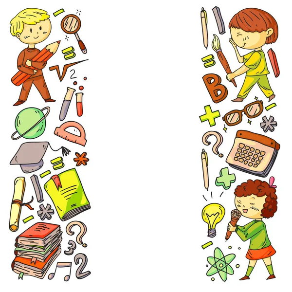 Cute school children. Imagination and creativity. Play and learn, singing, dancing, reading, drawing. — Stock Vector