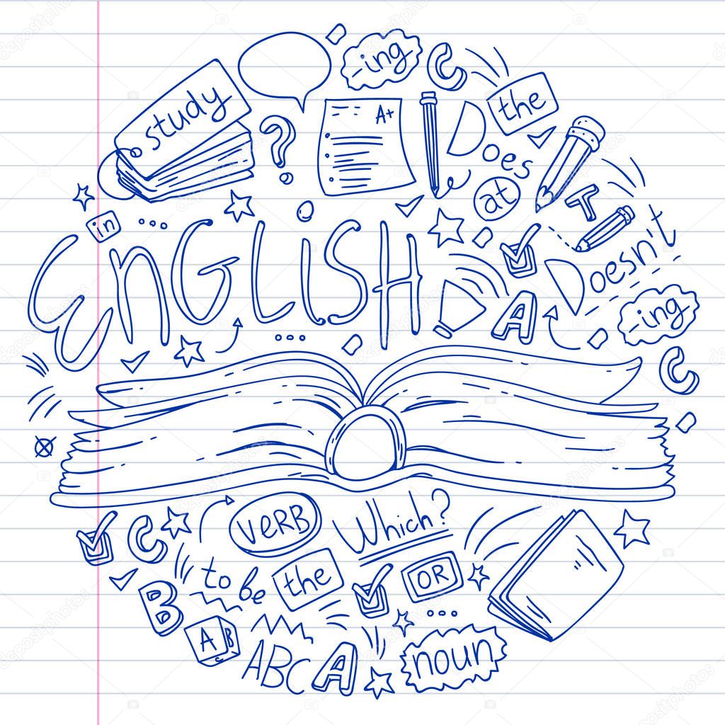 English courses. Doodle vector concept illustration of learning english language.