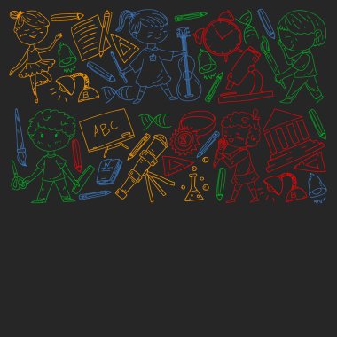 Sevimli okul çocukları. Hayal gücü ve yaratıcılık. Çal ve öğren, şarkı söyle, dans et, oku, çizim yap.