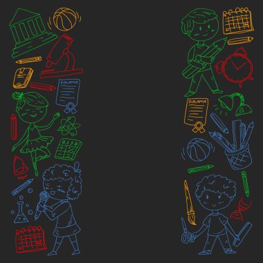 Sevimli okul çocukları. Hayal gücü ve yaratıcılık. Çal ve öğren, şarkı söyle, dans et, oku, çizim yap.