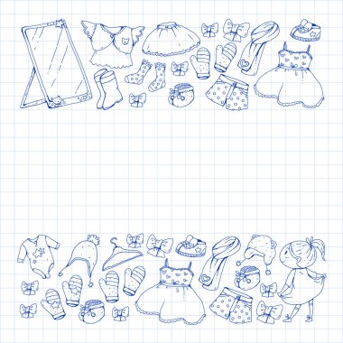 Çocuk kıyafetleri. Bebekler için arka plan, çocuk kalıpları.