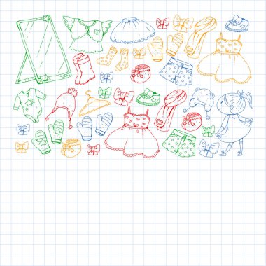 Çocuk kıyafetleri. Bebekler için arka plan, çocuk kalıpları.