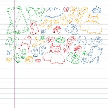 Çocuk kıyafetleri. Bebekler için arka plan, çocuk kalıpları.