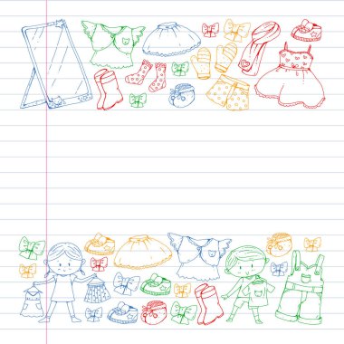 Çocuk kıyafetleri. Bebekler için arka plan, çocuk kalıpları.