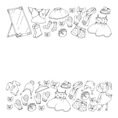 Çocuk kıyafetleri. Bebekler için arka plan, çocuk kalıpları.