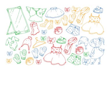 Çocuk kıyafetleri. Bebekler için arka plan, çocuk kalıpları.