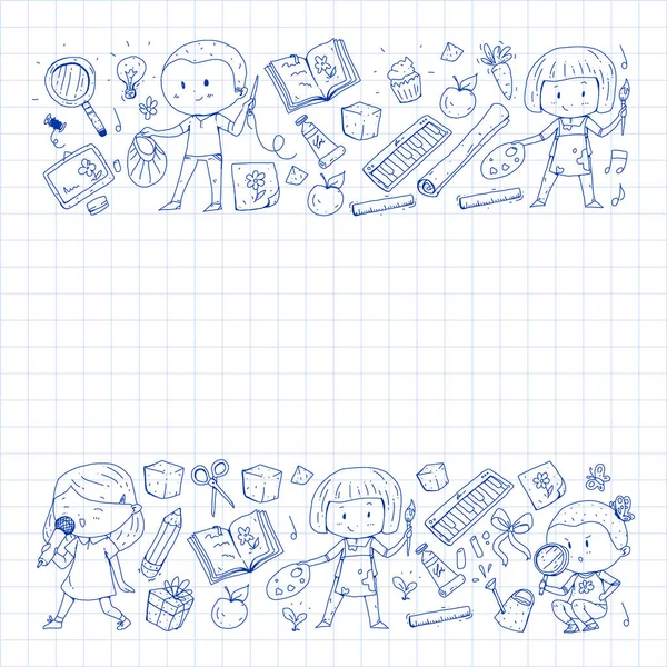 De vuelta al patrón vectorial escolar. Iconos de educación para niños . — Vector de stock