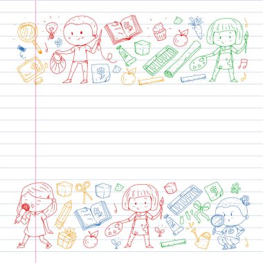 Geri okul vektör desene. Çocuklar için eğitim simgeler.