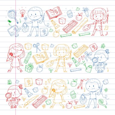 Geri okul vektör desene. Çocuklar için eğitim simgeler.