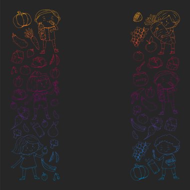 Çocuklar sağlıklı yiyecekler yiyor. Spor, spor, sağlıklı gıda konsepti, klasik tarz, kalp şekli. vektör illüstrasyonu