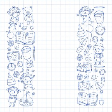 Anaokulu oyuncakları ile. Çocuklar için şablon. Küçük okul öncesi çocuklar eğitim. Oyun çizim, öğrenme,