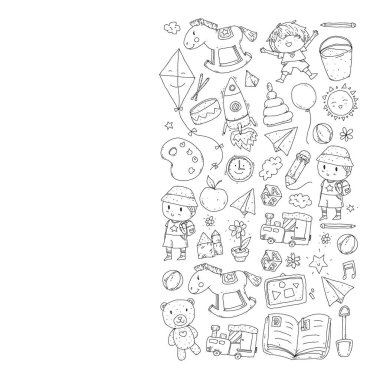 Anaokulu oyuncakları ile. Çocuklar için şablon. Küçük okul öncesi çocuklar eğitim. Oyun çizim, öğrenme,