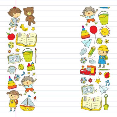 Anaokulu oyuncakları ile. Çocuklar için şablon. Küçük okul öncesi çocuklar eğitim. Oyun çizim, öğrenme,