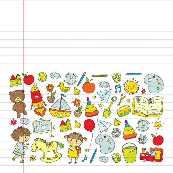 Jardín de infancia con juguetes. Patrón para niños. Educación de niños preescolares. Dibujo, aprendizaje, juego — Archivo Imágenes Vectoriales