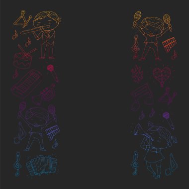 Kalıplar için müzik. Müzik aletleri ile vektör illüstrasyonu. Karaoke, müzikal, parti