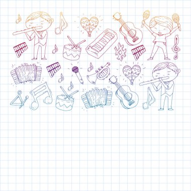 Müzik arka plan desenleri için. Müzik aletleri ile vektör çizim.