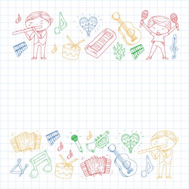 Müzik arka plan desenleri için. Müzik aletleri ile vektör çizim.