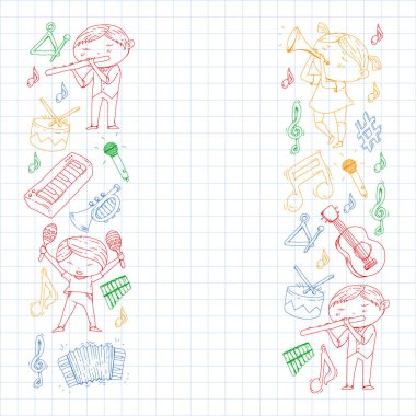 Müzik arka plan desenleri için. Müzik aletleri ile vektör çizim.