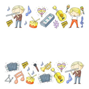Müzik arka plan desenleri için. Müzik aletleri ile vektör çizim.