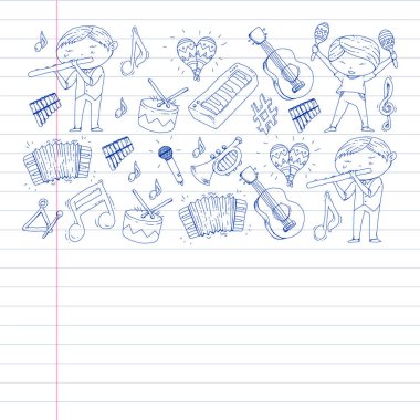 Müzik arka plan desenleri için. Müzik aletleri ile vektör çizim.