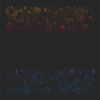 Mutlu oğlanlar ve kızlar. Küçük anaokulu anaokulu çocukları. Doğum günü partisi kutlaması. Afiş, afiş, davetiye için simgeler.