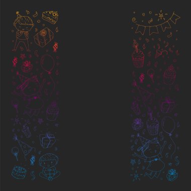 Mutlu oğlanlar ve kızlar. Küçük anaokulu anaokulu çocukları. Doğum günü partisi kutlaması. Afiş, afiş, davetiye için simgeler.