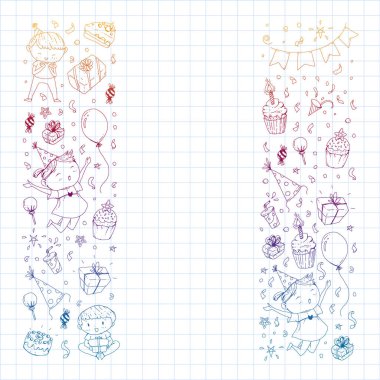 Mutlu oğlanlar ve kızlar. Küçük anaokulu anaokulu çocukları. Doğum günü partisi kutlaması. Afiş, afiş, davetiye için simgeler.