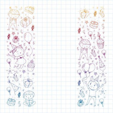 Mutlu oğlanlar ve kızlar. Küçük anaokulu anaokulu çocukları. Doğum günü partisi kutlaması. Afiş, afiş, davetiye için simgeler.