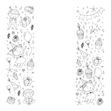 Mutlu oğlanlar ve kızlar. Küçük anaokulu anaokulu çocukları. Doğum günü partisi kutlaması. Afiş, afiş, davetiye için simgeler.