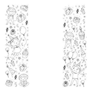 Mutlu oğlanlar ve kızlar. Küçük anaokulu anaokulu çocukları. Doğum günü partisi kutlaması. Afiş, afiş, davetiye için simgeler.