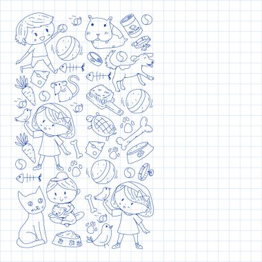 Evde beslenen hayvan dükkan. Vektör çizim hayvanlar, köpek, kedi, balık, kedi, kuş, köpek ile renkli arka plan ile. Veteriner Kliniği.