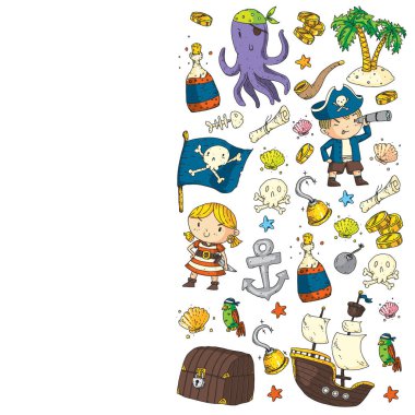 Korsan partisi. Küçük çocuklar için çizimler. Hazine adası, ahtapot, korsanlar ile Çocuk doğum günü kutlaması