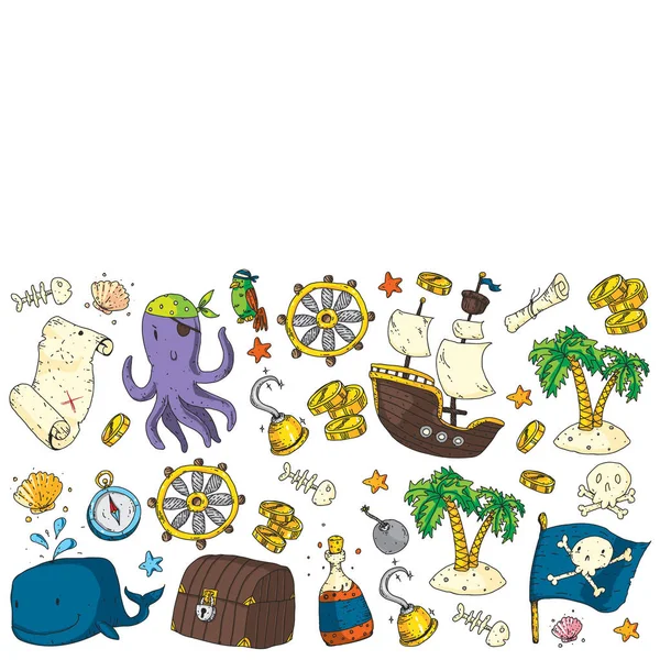 Festa dei pirati. Illustrazioni per bambini piccoli. Festeggiamenti per il compleanno dei bambini con isola del tesoro, polpo, pirati — Vettoriale Stock
