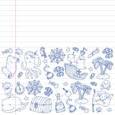 Korsan partisi. Küçük çocuklar için çizimler. Hazine adası, ahtapot, korsanlar ile Çocuk doğum günü kutlaması