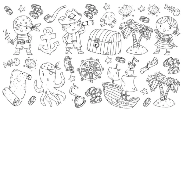Piratenpartei. Illustrationen für kleine Kinder. Kindergeburtstag mit Schatzinsel, Krake, Piraten — Stockvektor
