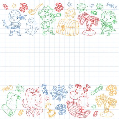 Korsan partisi. Küçük çocuklar için çizimler. Hazine adası, ahtapot, korsanlar ile Çocuk doğum günü kutlaması