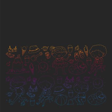 Çocuklar yaz tatili. Küçük çocuklarla tatil. Deniz, plaj ve okyanus. Seyahat ve macera vektör deseni.