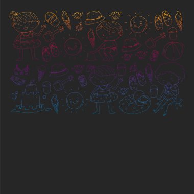 Çocuklar yaz tatili. Küçük çocuklarla tatil. Deniz, plaj ve okyanus. Seyahat ve macera vektör deseni.