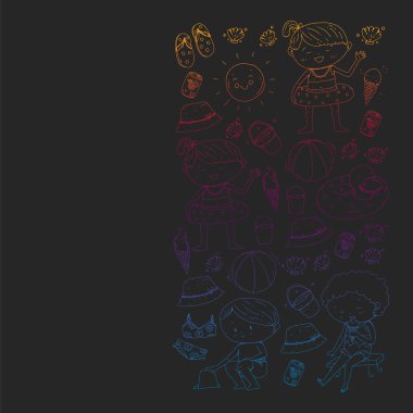 Çocuklar yaz tatili. Küçük çocuklarla tatil. Deniz, plaj ve okyanus. Seyahat ve macera vektör deseni.