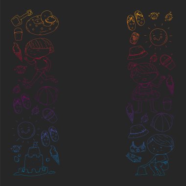 Çocuklar yaz tatili. Küçük çocuklarla tatil. Deniz, plaj ve okyanus. Seyahat ve macera vektör deseni.