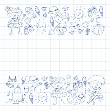 Çocuklar yaz tatili. Küçük çocuklarla tatil. Deniz, plaj ve okyanus. Seyahat ve macera vektör deseni.