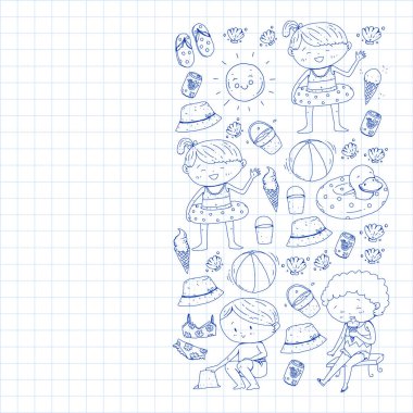 Çocuklar yaz tatili. Küçük çocuklarla tatil. Deniz, plaj ve okyanus. Seyahat ve macera vektör deseni.