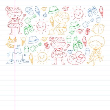 Çocuklar yaz tatili. Küçük çocuklarla tatil. Deniz, plaj ve okyanus. Seyahat ve macera vektör deseni.